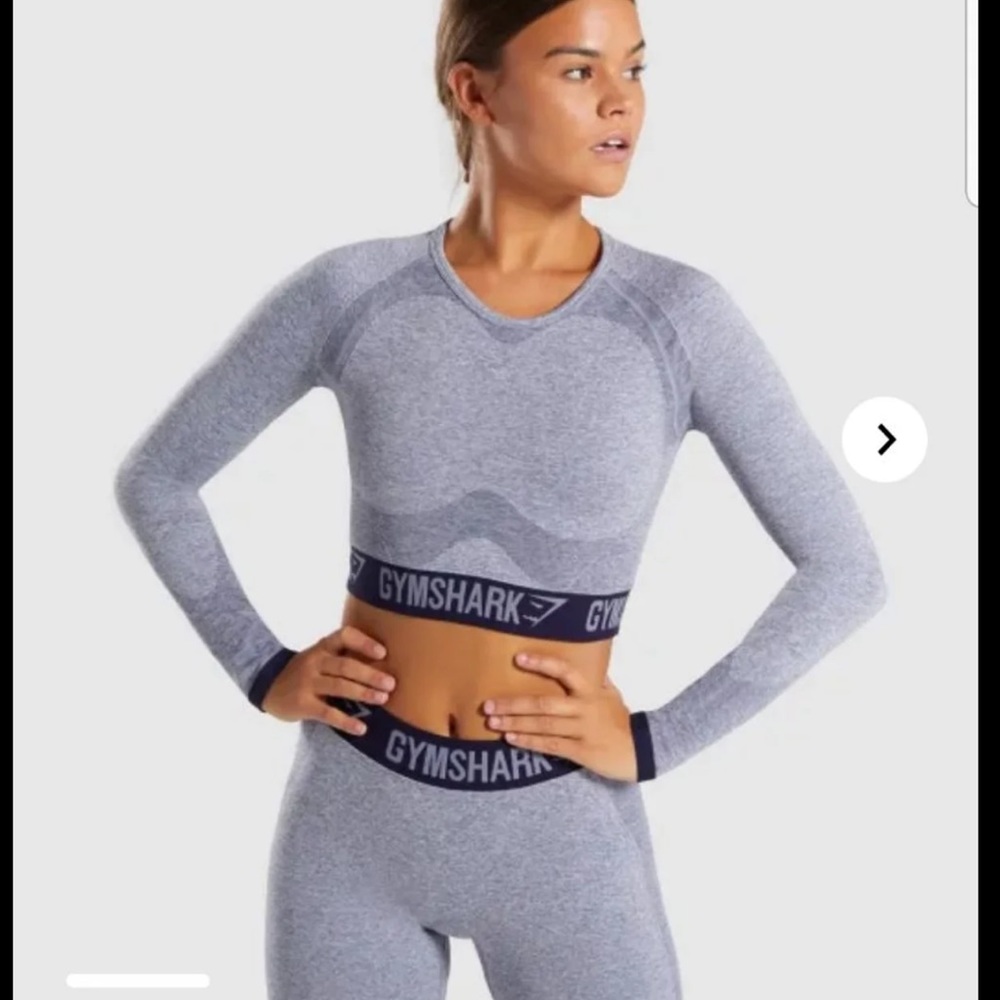 Gymshark Flex Long Sleeve Crop Top - Steel Blue Marl/Evening Navy Blue - Picture 2 of 6